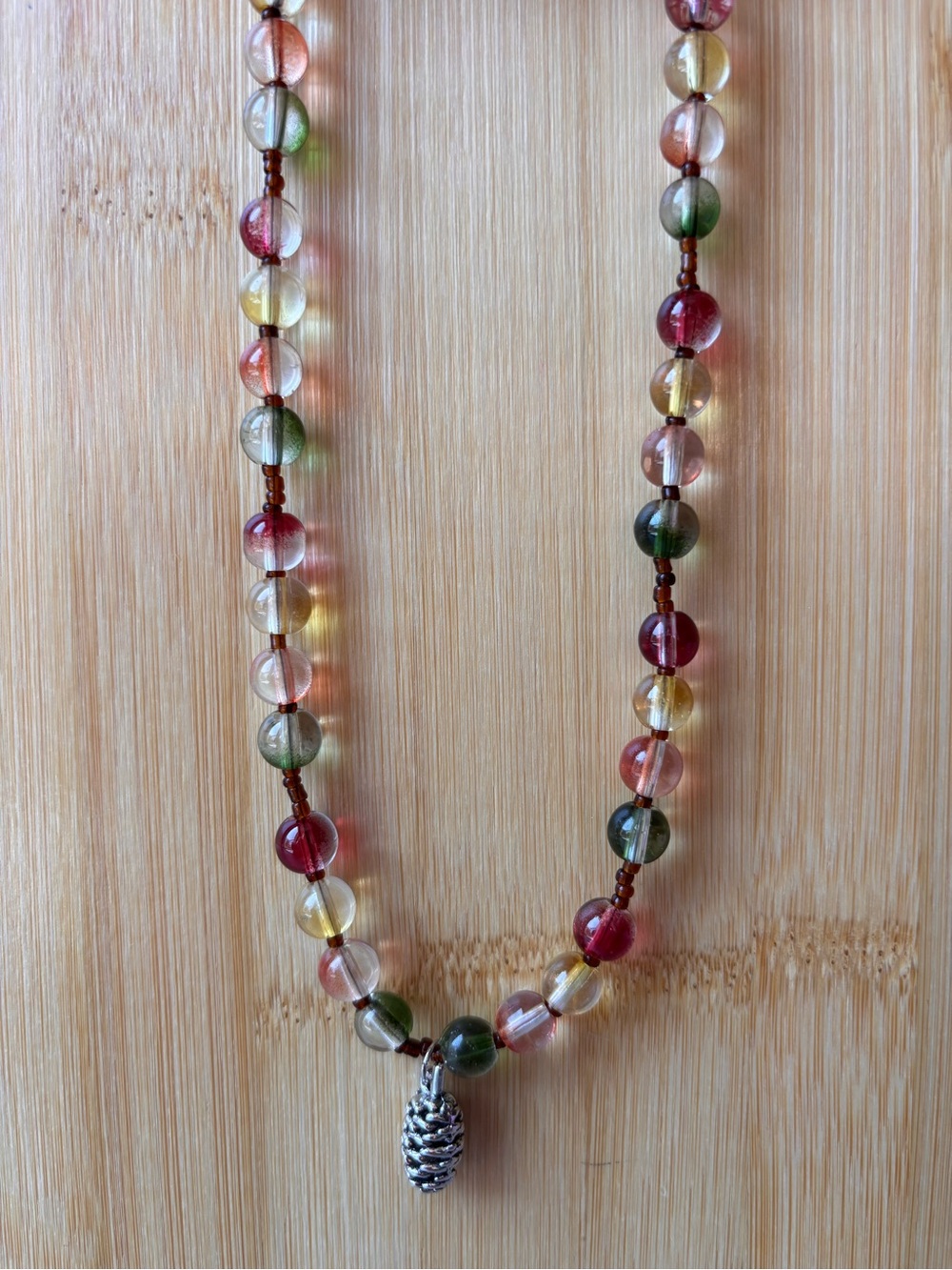 Multicolor Beaded Necklace with Pinecone Charm - Women's Jewelry